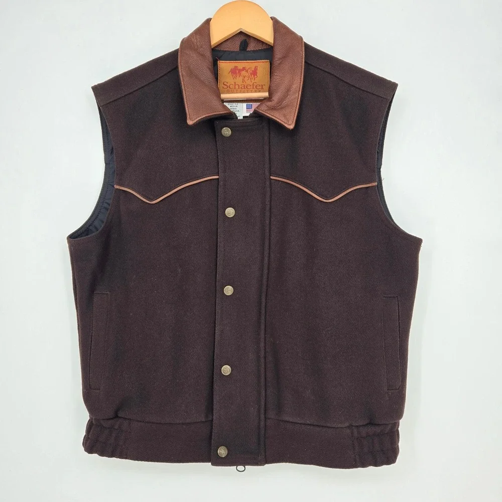 Vtg Leather/Wool Schaefer Outfitter Brown Vest Mens M USA Made Cowboy Western